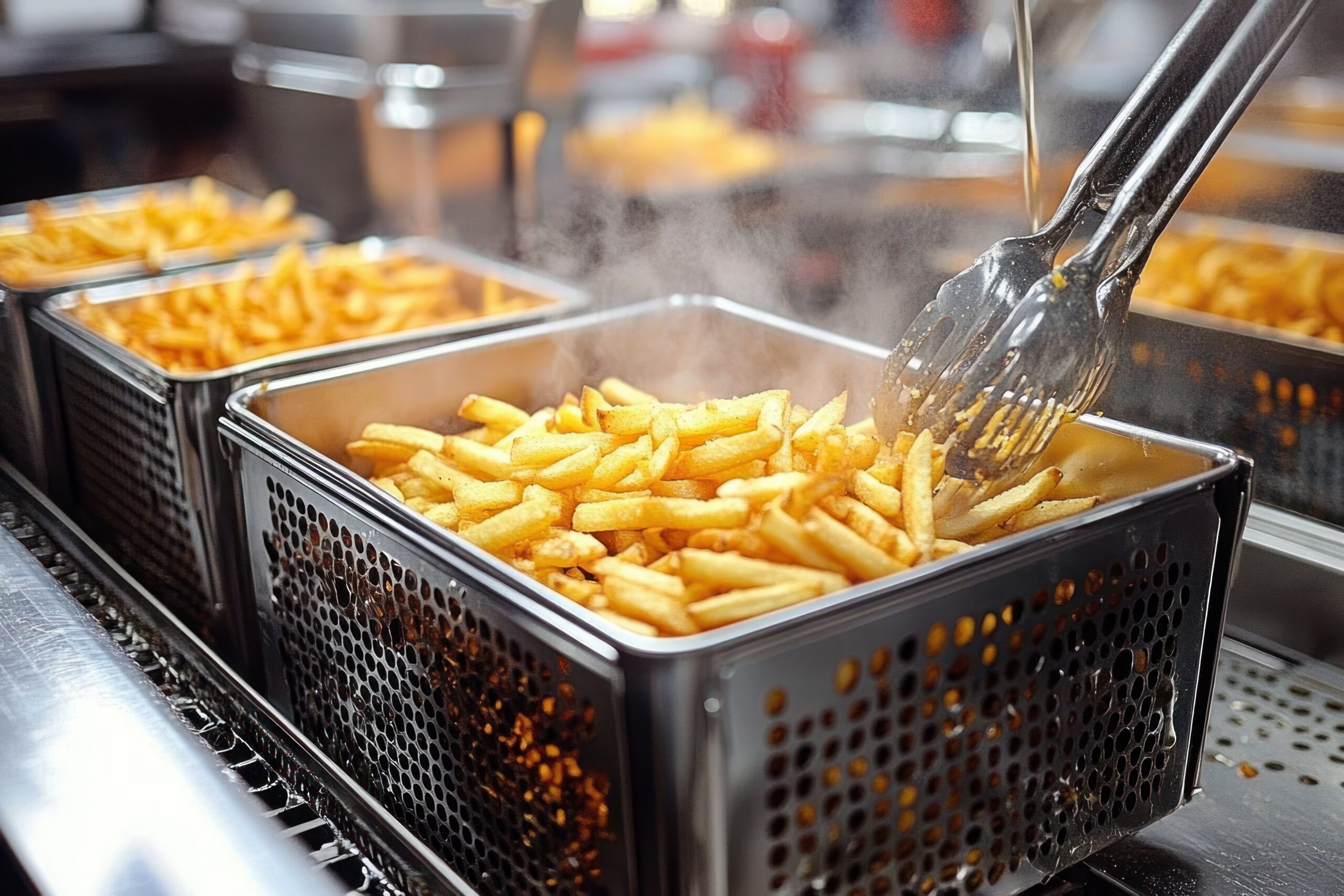 Steaming Golden French Fries Piled In Perforated Metal Serving Baskets With Tongs On A Stainless Steel Food Service Line, Hot And Appetizing